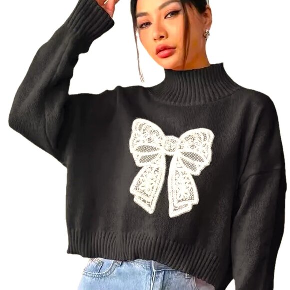 WHITE BOW KNOT XL LONG SLEEVE BLACK CASUAL TURTLENECK SWEATER - Picture 2 of 4